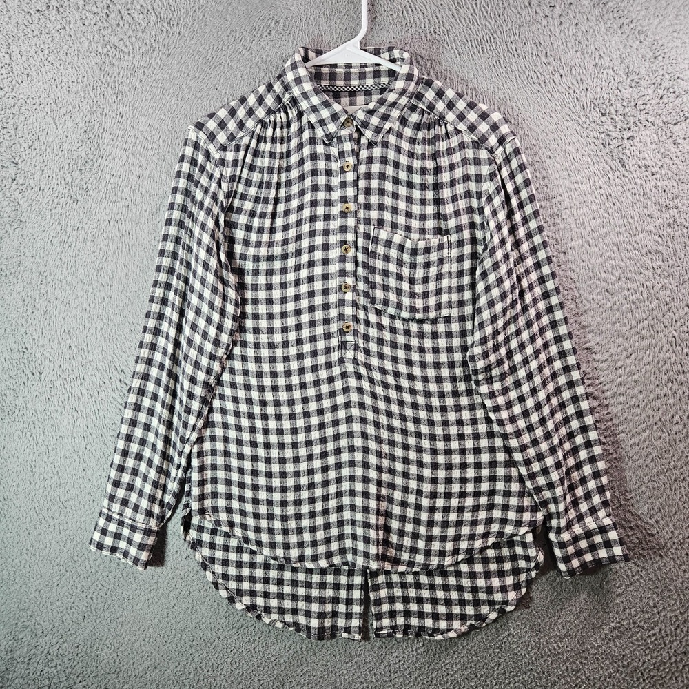 Anthropologie Shirt Women XS 1/2 Button Detailed Back Gray White Plaid